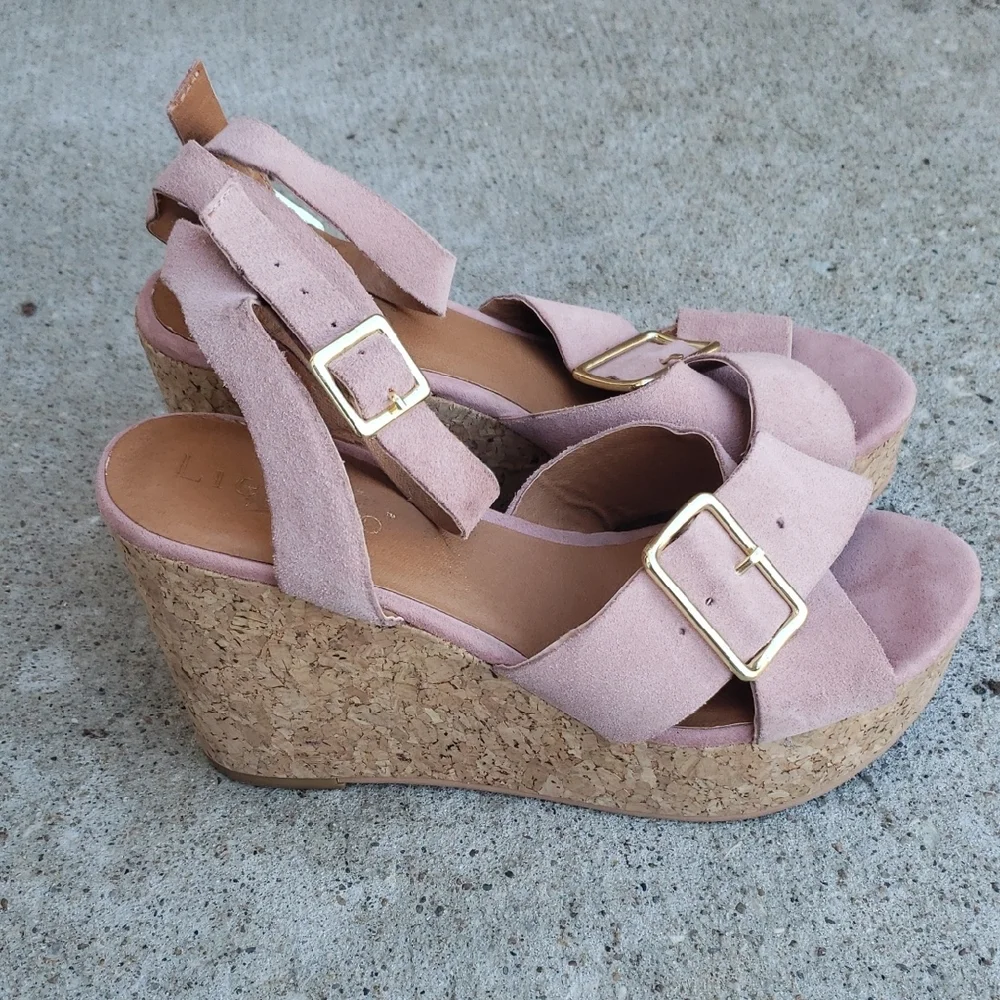 Anthropologie Lien Do Womens Suede Cork Platform Wedge Sandals Size 6 Pink Boho